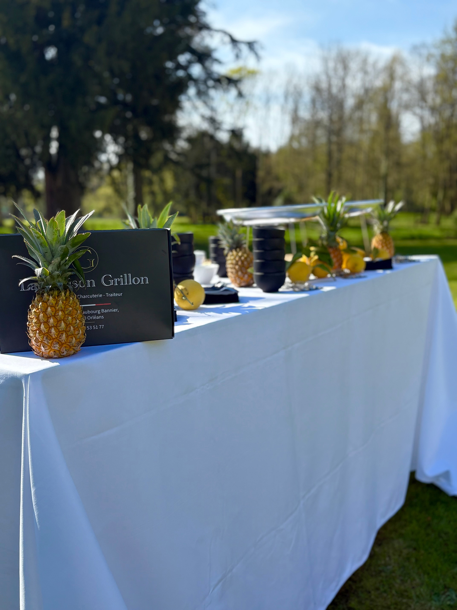 Buffet traiteur décoré de fruits frais en extérieur préparé par Maison Grillon pour un événement